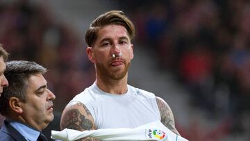 Defender Sergio Ramos with his nose plugged