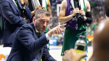 El entrenador del Unicaja, Ibon Navarro, durante el partido de Liga Endesa que enfrenta al Unicaja de Málaga y al Real Madrid en el Palacio de Deportes José María Martín Carpena.