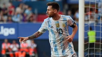 Argentina&#039;s forward Lionel Messi celebrates after scoring his team&#039;s second goal during the international friendly football match between Argentina and Estonia at El Sadar stadium in Pamplona on June 5, 2022. (Photo by ANDER GILLENEA / AFP)