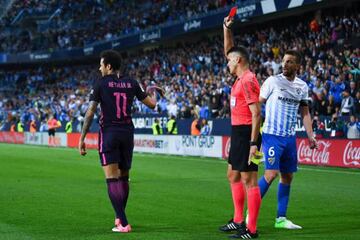 Neymar (left) is sent off for two bookable offences at Málaga earlier in April.