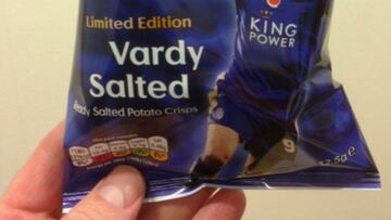 Imagen de las bolsas de patatas con la imagen de Jamie Vardy que se entregar&aacute;n durante el Leicester City - Chelsea del pr&oacute;ximo lunes.