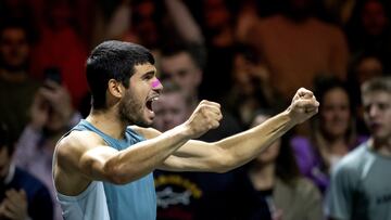 Carlos Alcaraz celebrando una victoria en un partido.