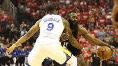 May 14, 2018; Houston, TX, USA; Houston Rockets guard James Harden (13) dribbles against Golden State Warriors forward Andre Iguodala (9) during the first quarter in game one of the Western conference finals of the 2018 NBA Playoffs at Toyota Center. Mandatory Credit: Troy Taormina-USA TODAY Sports