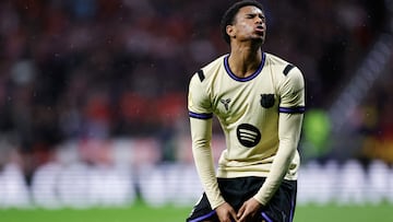 Barcelona's Spanish defender #03 Alex Balde reacts during the Spanish Copa del Rey (King's Cup) semi final first leg football match between Club Atletico de Madrid and FC Barcelona at Metropolitano Stadium in Madrid on February 12, 2026. (Photo by Oscar DEL POZO / AFP)