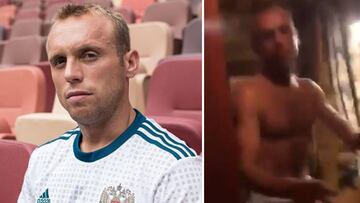 Im&aacute;genes del futbolista ruso Denis Glushakov posando en la grada con la camiseta de su selecci&oacute;n y saliendo de la sauna tras ser sorprendido por su esposa con otra mujer.