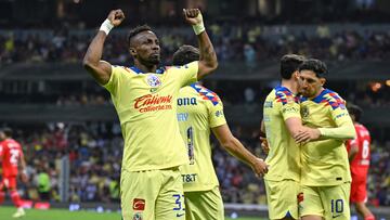 Julian Quinones celebrates his goal 5-1  with Brian Rodriguez of America during the 15th round match between America and Toluca as part of the Torneo Clausura 2024 Liga BBVA MX at Azteca Stadium on April 13, 2024 in Mexico City, Mexico.