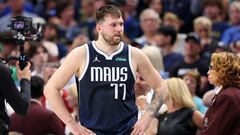 Jun 12, 2024; Dallas, Texas, USA; Dallas Mavericks guard Luka Doncic (77) reacts after fouling out of the game against the Boston Celtics during the fourth quarter during game three of the 2024 NBA Finals at American Airlines Center. Mandatory Credit: Kevin Jairaj-USA TODAY Sports