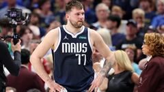 Jun 12, 2024; Dallas, Texas, USA; Dallas Mavericks guard Luka Doncic (77) reacts after fouling out of the game against the Boston Celtics during the fourth quarter during game three of the 2024 NBA Finals at American Airlines Center. Mandatory Credit: Kevin Jairaj-USA TODAY Sports