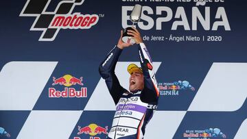 MotoGP - Spanish Grand Prix - Circuito de Jerez, Jerez, Spain - July 19, 2020   Gaviota Aspar Team Moto3&#039;s Albert Arenas celebrates on the podium after winning the Moto3 race   REUTERS/Marcelo Del Pozo