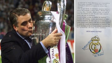 Lorenzo Sanz, presidente del Real Madrid entre 1995 y 2000, besa la s&eacute;ptima Copa de Europa del Real Madrid. A la derecha, la carta de la Federaci&oacute;n de Pe&ntilde;as Madridistas de la Comunidad de Madrid a la familia Sanz en el funeral por Lor