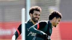 Mohamed Salah and Luis Diaz in training on Friday. (Photo by Andrew Powell/Liverpool FC via Getty Images)