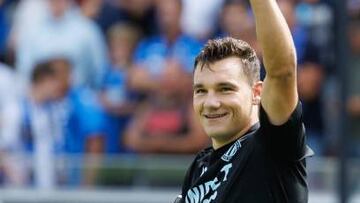 Club's Ferran Jutgla celebrates after scoring during a soccer match between Club Brugge and KV Kortrijk, Sunday 21 August 2022 in Brugge, on day 5 of the 2022-2023 'Jupiler Pro League' first division of the Belgian championship. BELGA PHOTO KURT DESPLENTER (Photo by KURT DESPLENTER / BELGA MAG / Belga via AFP) (Photo by KURT DESPLENTER/BELGA MAG/AFP via Getty Images)