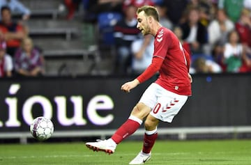 Denmark's Christian Eriksen scores the 2-0 lead during the International Friendly soccer match between Denmark and Mexico in Brondby,