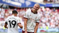 Soccer Football - Premier League - West Ham United v Manchester City - London Stadium, London, Britain - September 16, 2023 Manchester City's Erling Braut Haaland celebrates scoring their third goal Action Images via Reuters/Andrew Boyers NO USE WITH UNAUTHORIZED AUDIO, VIDEO, DATA, FIXTURE LISTS, CLUB/LEAGUE LOGOS OR 'LIVE' SERVICES. ONLINE IN-MATCH USE LIMITED TO 45 IMAGES, NO VIDEO EMULATION. NO USE IN BETTING, GAMES OR SINGLE CLUB/LEAGUE/PLAYER PUBLICATIONS.