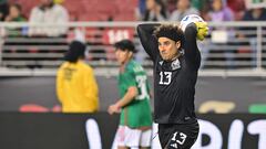 Mexico's goalkeeper Guillermo Ochoa throws the ball during the international friendly football match between Mexico and Colombia at Levi's Stadium in Santa Clara, California, on September 27, 2022. (Photo by Frederic J. BROWN / AFP)