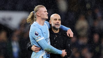 Soccer Football - Premier League - Manchester City v Newcastle United - Etihad Stadium, Manchester, Britain - February 21, 2026 Manchester City manager Pep Guardiola celebrates with Erling Haaland after the match REUTERS/Scott Heppell EDITORIAL USE ONLY. NO USE WITH UNAUTHORIZED AUDIO, VIDEO, DATA, FIXTURE LISTS, CLUB/LEAGUE LOGOS OR 'LIVE' SERVICES. ONLINE IN-MATCH USE LIMITED TO 120 IMAGES, NO VIDEO EMULATION. NO USE IN BETTING, GAMES OR SINGLE CLUB/LEAGUE/PLAYER PUBLICATIONS. PLEASE CONTACT YOUR ACCOUNT REPRESENTATIVE FOR FURTHER DETAILS..