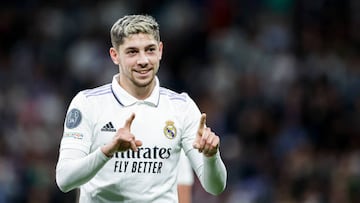 MADRID, SPAIN - NOVEMBER 2: Fede Valverde of Real Madrid celebrates goal 5-0 during the UEFA Champions League  match between Real Madrid v Celtic at the Estadio Santiago Bernabeu on November 2, 2022 in Madrid Spain (Photo by David S. Bustamante/Soccrates/Getty Images)