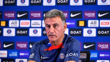 PARIS, FRANCE - AUGUST 26: Paris Saint-Germain head coach Christophe Galtier answers journalists during a press conference at PSG training center on August 26, 2022 in Paris, France. (Photo by Aurelien Meunier - PSG/PSG via Getty Images)