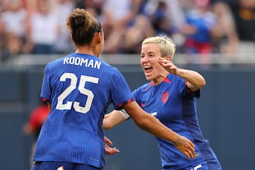 Trinity Rodman #25 of the United States celebrates with Megan Rapinoe #15 