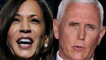 La senadora de California y la candidata demócrata a la vicepresidencia Kamala Harris hablando durante el tercer día de la Convención Nacional Demócrata en el Chase Center en Wilmington, Delaware el 19 de agosto de 2020, y el vicepresidente de los Estados Unidos, Mike Pence hablando durante la tercera noche de la Convención Nacional Republicana en el Monumento Nacional Fort McHenry en Baltimore, Maryland, el 26 de agosto de 2020.