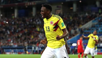 Yerry Mina celebrando su gol ante Inglaterra en los cuartos de final del Mundial Rusia 2018