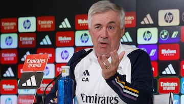 Carlo Ancelotti, entrenador del Real Madrid, en rueda de prensa en Valdebebas.