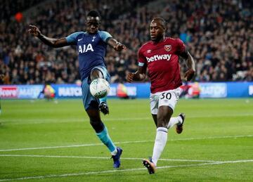 Tottenham's Davinson Sanchez in action with West Ham's Michail Antonio