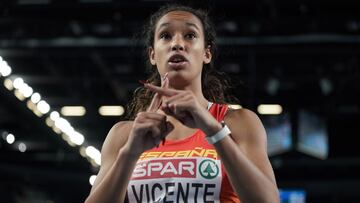 Mar&iacute;a Vicente, tras la prueba de 60 metros vallas en el heptatl&oacute;n de los Europeos de Pista Cubierta de Torun.