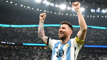 LUSAIL CITY, QATAR - DECEMBER 13: Lionel Messi of Argentina celebrates after the 3-0 win during the FIFA World Cup Qatar 2022 semi final match between Argentina and Croatia at Lusail Stadium on December 13, 2022 in Lusail City, Qatar. (Photo by Shaun Botterill - FIFA/FIFA via Getty Images)