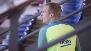 El defensa francés, Jérémy Mathieu, durante un entrenamiento del Barcelona.