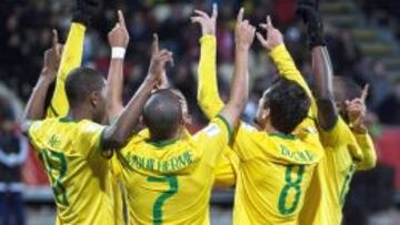 Los brasile&ntilde;os celebran un gol.