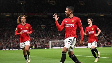 Manchester United's Brazilian midfielder #18 Casemiro celebrates scoring his team second goal during the English League Cup third round football match between Manchester United and Crystal Palace at Old Trafford in Manchester, north west England, on September 26, 2023. (Photo by Oli SCARFF / AFP) / RESTRICTED TO EDITORIAL USE. No use with unauthorized audio, video, data, fixture lists, club/league logos or 'live' services. Online in-match use limited to 120 images. An additional 40 images may be used in extra time. No video emulation. Social media in-match use limited to 120 images. An additional 40 images may be used in extra time. No use in betting publications, games or single club/league/player publications. / 