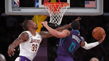 Oct 27, 2019; Los Angeles, CA, USA; Los Angeles Lakers center Dwight Howard (39) blocks a shot by Charlotte Hornets forward Miles Bridges (0) in the second half of the game at Staples Center. Mandatory Credit: Jayne Kamin-Oncea-USA TODAY Sports