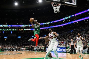 Boston Celtics guard Jaylen Brown (7) shoots the ball against the Philadelphia 76ers during the second half at TD Garden