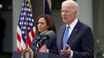 FILE PHOTO: U.S. President Joe Biden, accompanied by Vice President Kamala Harris, speaks about the coronavirus disease (COVID-19) response and the vaccination program from the Rose Garden of the White House in Washington, U.S., May 13, 2021. REUTERS/Kevi