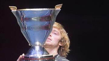 Russia&#039;s Andrey Rublev celebrates after winning the St. Petersburg Open tennis tournament final match against Croatia&#039;s Borna Coric in Saint Petersburg on September 18, 2020. (Photo by OLGA MALTSEVA / AFP)
