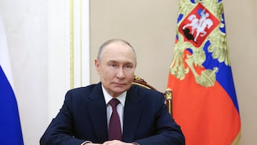 Russian President Vladimir Putin makes a video address dedicated to the 70th anniversary of the Baikonur Cosmodrome, in Moscow, Russia June 2, 2025. Sputnik/Gavriil Grigorov/Pool via REUTERS ATTENTION EDITORS - THIS IMAGE WAS PROVIDED BY A THIRD PARTY.