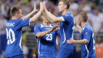 Edin Dzeko celebra con sus compa&ntilde;eros uno de sus dos goles ante Costa de Marfil.