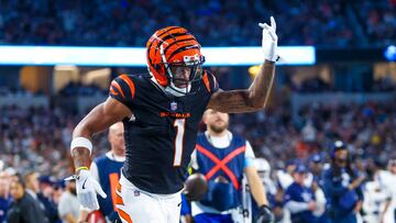 Dec 9, 2024; Arlington, Texas, USA; Cincinnati Bengals wide receiver Ja'Marr Chase (1) reacts after catching a touchdown during the first half against the Dallas Cowboys at AT&T Stadium. Mandatory Credit: Kevin Jairaj-Imagn Images