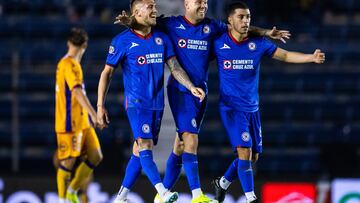    Gonzalo Piovi, Carlos Rotondi, Erik Loira of Cruz Azul during the 6th round match between Cruz Azul and Atletico de San Luis as part of the Torneo Clausura 2024 Liga BBVA MX at Ciudad de los Deportes Stadium on February 10, 2024 in Mexico City, Mexico.