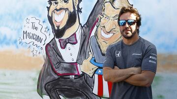 Circuit de Catalunya, Barcelona, Spain.
Sunday 14 May 2017.
Fernando Alonso, McLaren, alongside a caricature.
Photo: Steven Tee/McLaren
ref: Digital Image _R3I2434