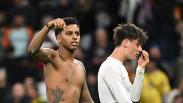 Real Madrid's Brazilian forward #11 Rodrygo gestures at the end of the Spanish league football match between Real Madrid CF and UD Las Palmas at the Santiago Bernabeu stadium in Madrid on January 19, 2025. (Photo by JAVIER SORIANO / AFP)