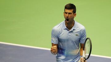 Tennis - ATP 500 - Astana Open - National Tennis Center, Astana, Kazakhstan - October 8, 2022 Serbia's Novak Djokovic reacts during his semi final match against Russia's Daniil Medvedev REUTERS/Pavel Mikheyev