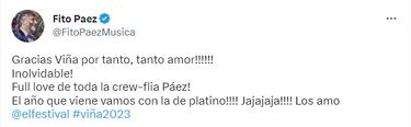 “La de platino”: los mensajes de Fito Páez después de su éxito en Viña del Mar