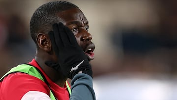 Monaco's French midfielder #08 Paul Pogba reacts from the sideline during the French L1 football match between AS Monaco and Paris Saint-Germain (PSG) at the Stade Louis II in the Principality of Monaco on November 29, 2025. (Photo by Valery HACHE / AFP)