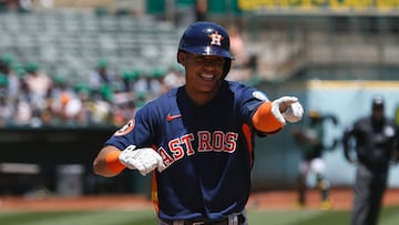 OAKLAND, CALIFORNIA - MAY 27: Jeremy Pena #3 of the Houston Astros celebrates after hitting a two-run home run in the top of the first inning against the Oakland Athletics at RingCentral Coliseum on May 27, 2023 in Oakland, California.   Lachlan Cunningham/Getty Images/AFP (Photo by Lachlan Cunningham / GETTY IMAGES NORTH AMERICA / Getty Images via AFP)