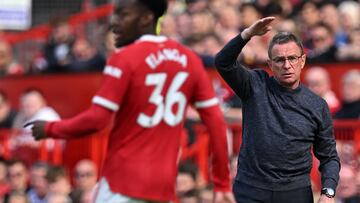 Manchester United interim head coach Ralf Rangnick gestures on the touchline during the Premier League game against Norwich City at Old Trafford.