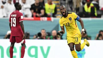 Ecuador's forward #13 Enner Valencia celebrates after he scored his team's second goal during the Qatar 2022 World Cup Group A football match between Qatar and Ecuador at the Al-Bayt Stadium in Al Khor, north of Doha, on November 20, 2022. (Photo by Raul ARBOLEDA / AFP) (Photo by RAUL ARBOLEDA/AFP via Getty Images)