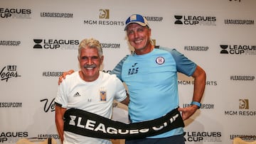 (L-R) RICARDO FERRETTI Technical Director of Tigres and ROBERT SIBOLDI Technical Director of Cruz Azul during the press conference prior to the 2019 Leagues Cup Grand Final, at the Bellagio Hotel, on September 17, 2019.
<br><br>
(I-D) RICARDO FERRETTI Director tecnico de Tigres y ROBERT SIBOLDI Director Tecnico de Cruz Azul durante la conferencia de prensa previo a la Gran Final de Leagues Cup 2019, en el Hotel Bellagio, el 17 de Septiembre de 2019.