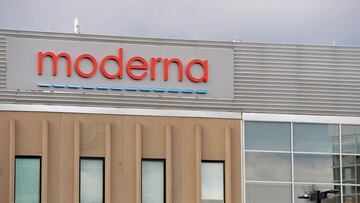 (FILES) In this file photo the Moderna logo is seen at the Moderna campus in Norwood, Massachusetts on on December 2, 2020, where the biotechnology company is mass producing its Covid-19 vaccine. - American experts were set to discuss on December 17, 2020 if Moderna's Covid-19 vaccine should be authorized, as European nations vowed to get their coronavirus inoculation campaigns rolling before the end of the year. Surges in infections have prompted tighter restrictions in several European countries, while the United States -- the worst-hit nation in the world -- set a double record, with more than 3,700 deaths and 250,000 new cases in 24 hours on December 16, 2020. (Photo by Joseph Prezioso / AFP)